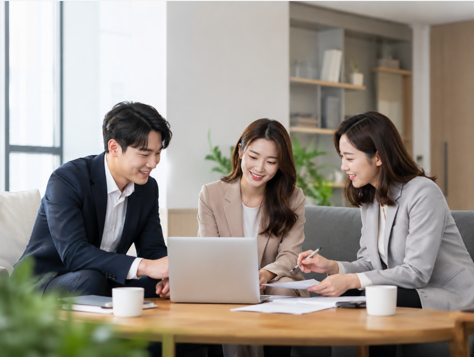 노트북과 자료를 함께 살펴보는 사무실 협업 장면